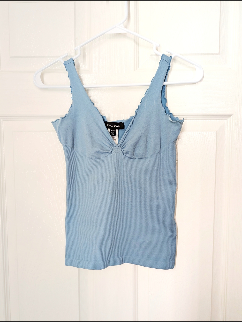 bebe Light Blue Ribbed V-Neck Tank Top